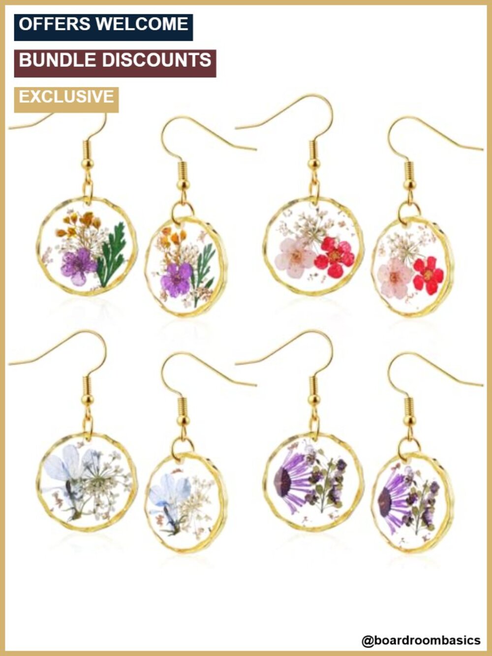 4 Pairs Real Pressed Flower Earrings Gold Tone Drop Dangle Handmade